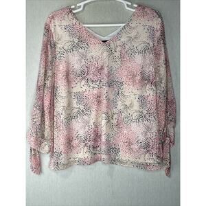 The Limited Womens Plus Size 2X Top Blouse V-Neck 3/4 Tie Sleeve Pink White